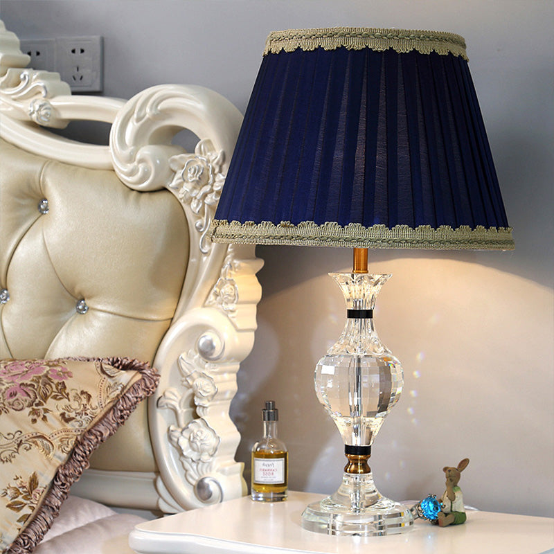 Lampada da comodino a forma di vaso modernista in cristallo trasparente con 1 lampada da lettura a testa in blu
