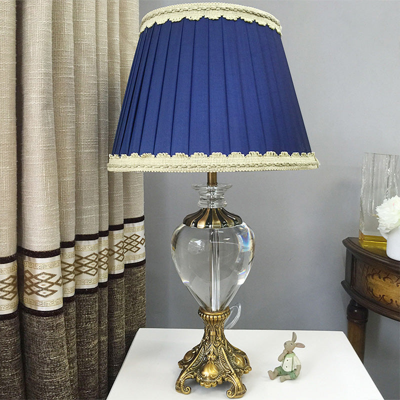 Lampe d'étude de cône Tissu moderne 1 ampoule Blue Table Lumière, base métallique en laiton sculpté