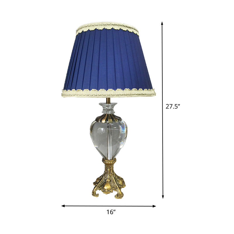 Lampe d'étude de cône Tissu moderne 1 ampoule Blue Table Lumière, base métallique en laiton sculpté