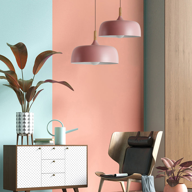 Wooden Macaron Pendant Light in Modern Creative Style Wrought Iron Dome Hanging Lamp for Dining Room