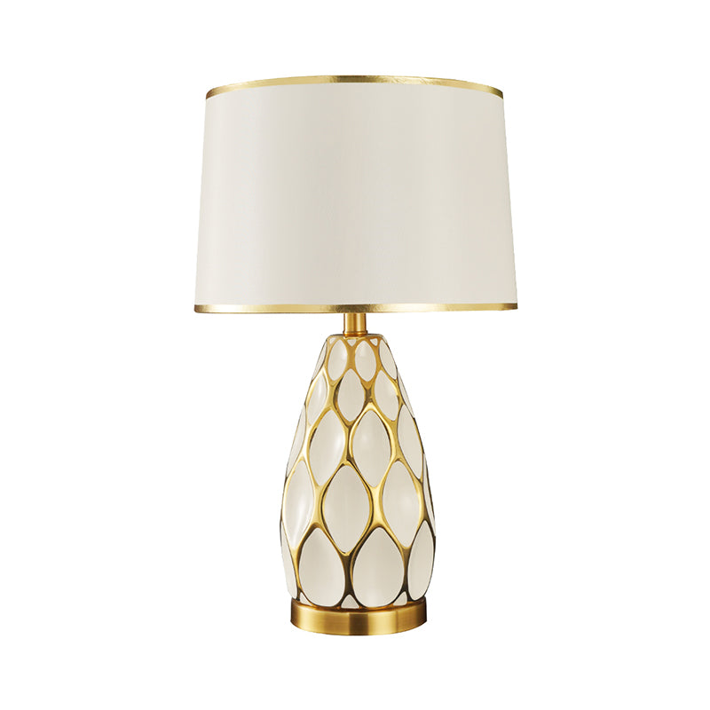 Éclairage de Table à tambour en céramique, lampe de nuit blanche moderne à 1 ampoule avec abat-jour en tissu pour le salon