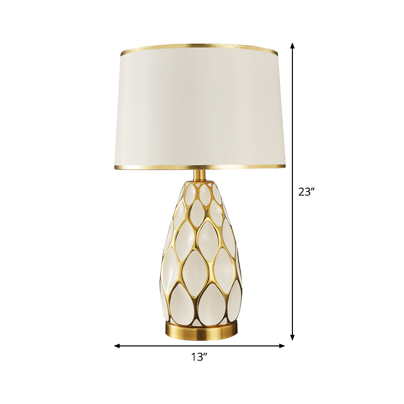 Éclairage de Table à tambour en céramique, lampe de nuit blanche moderne à 1 ampoule avec abat-jour en tissu pour le salon