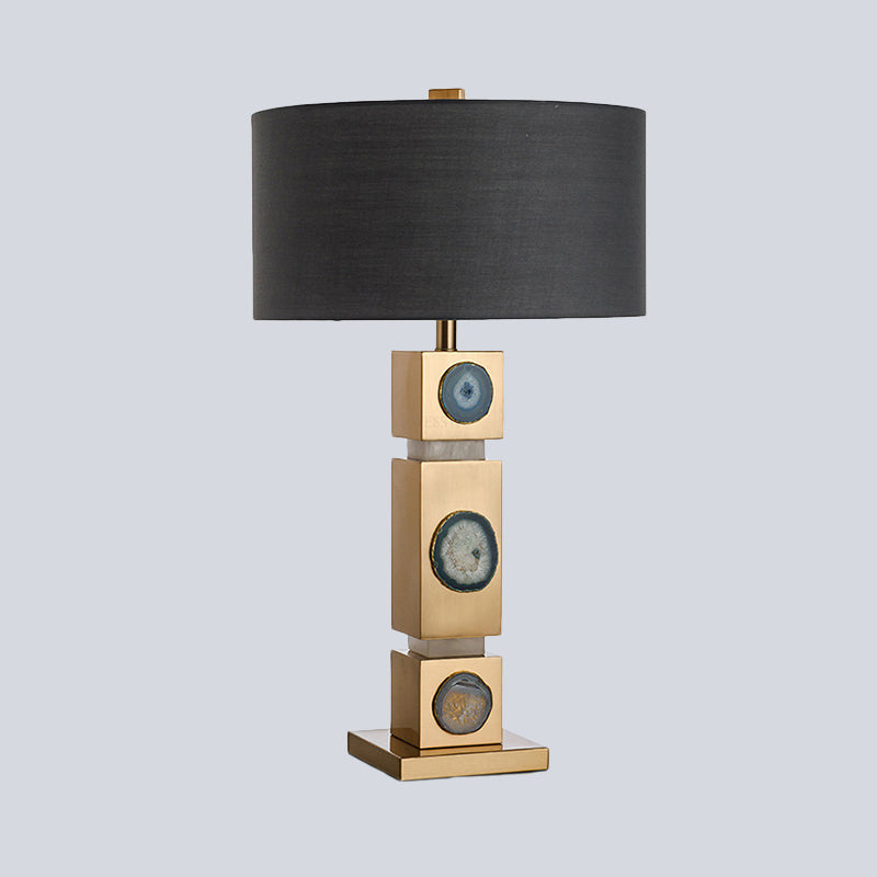 Modernism 1 Light Night Lamp Black Drum Metal Nightstand Lighting with Fabric Shade