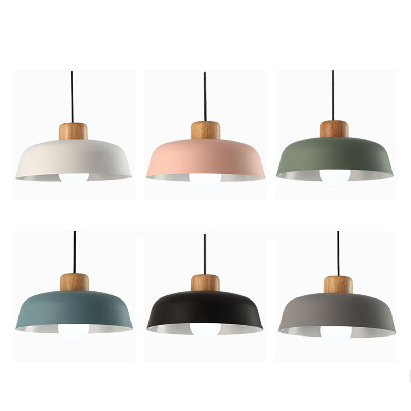 Modern Creative Single Pendant Light Wooden Dome Macaron Hanging Lamp with Iron Shade