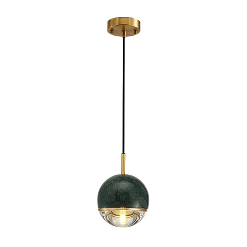 Modern Style Spherical Hanging Light All Copper Marble 1 Light Pendant Lamp for Bedside