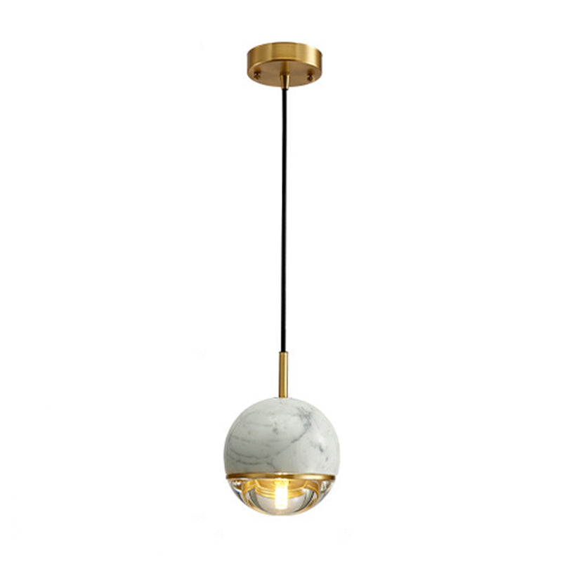 Modern Style Spherical Hanging Light All Copper Marble 1 Light Pendant Lamp for Bedside