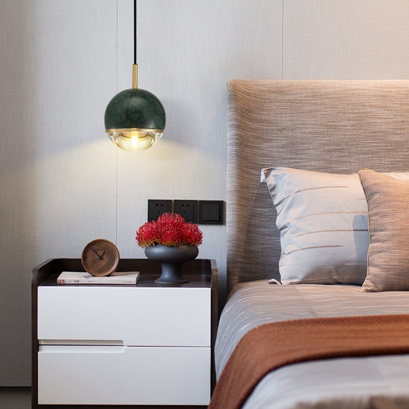Modern Style Spherical Hanging Light All Copper Marble 1 Light Pendant Lamp for Bedside
