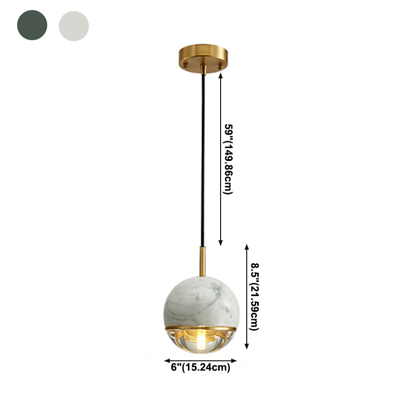 Modern Style Spherical Hanging Light All Copper Marble 1 Light Pendant Lamp for Bedside