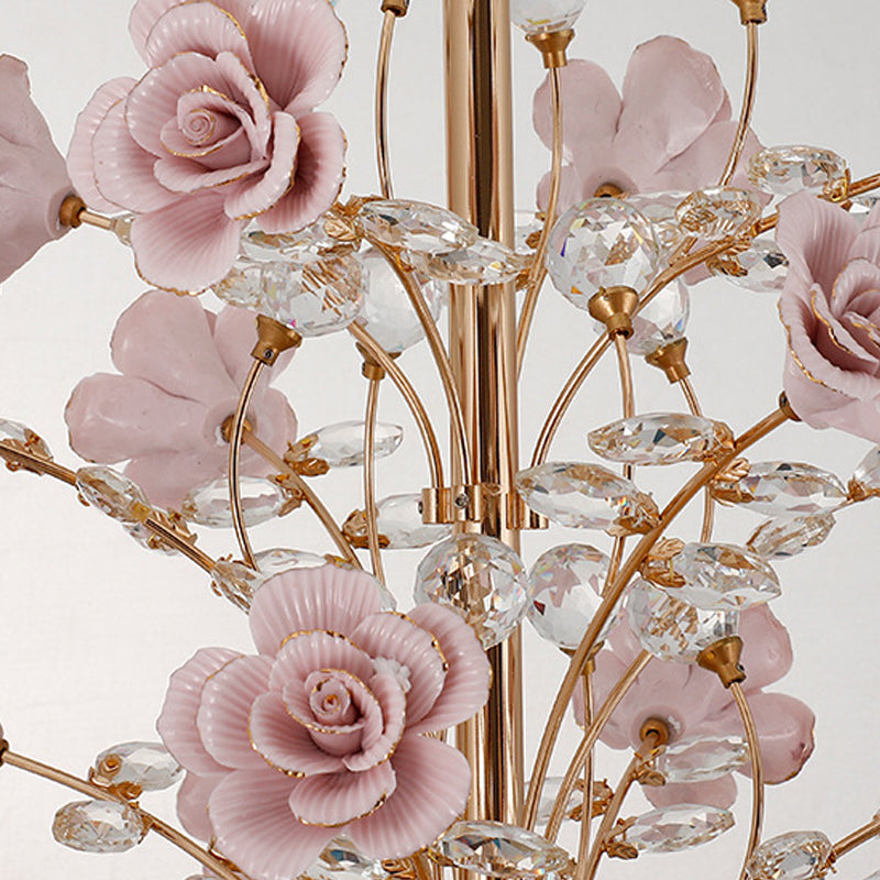 Luxury Crystal Chandelier Rural Ceramic Flower Sala de estar colgando Luz en rosa