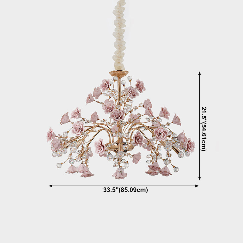 Luxury Crystal Chandelier Rural Ceramic Flower Living Room Hanging Light in Pink