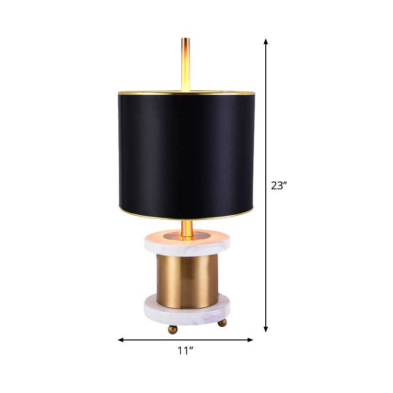 Lampada da tavolo notturna da letto da letto a 1 testa illuminazione da comodino in metallo nero con tonalità in tessuto cilindro