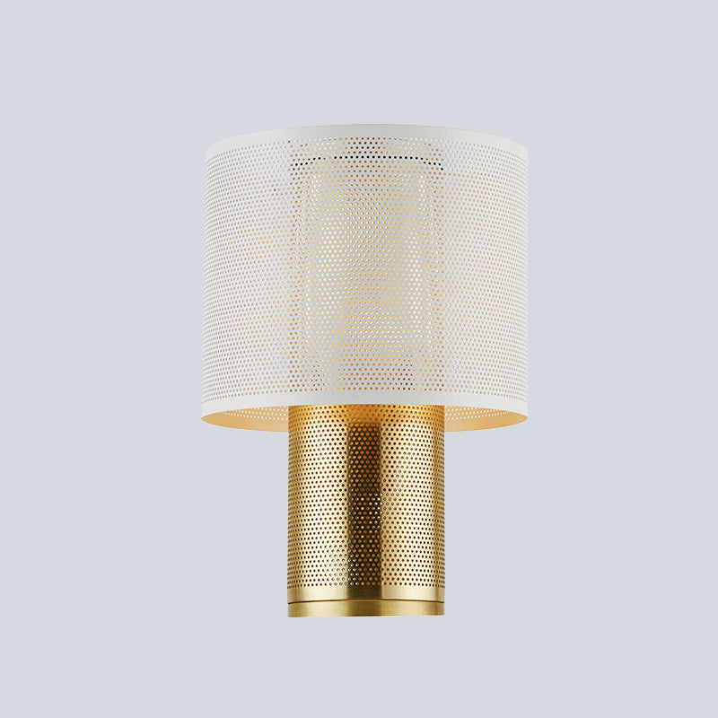 Lámpara de noche minimalista de 1 luz, iluminación de mesita de noche cilíndrica blanca con pantalla de metal para dormitorio