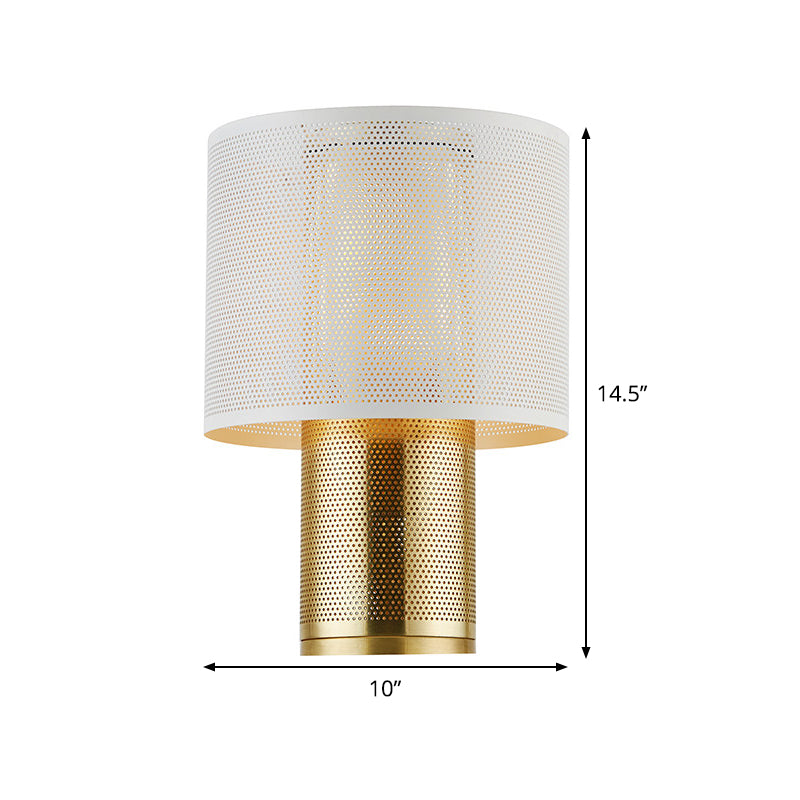 Lámpara de noche minimalista de 1 luz, iluminación de mesita de noche cilíndrica blanca con pantalla de metal para dormitorio