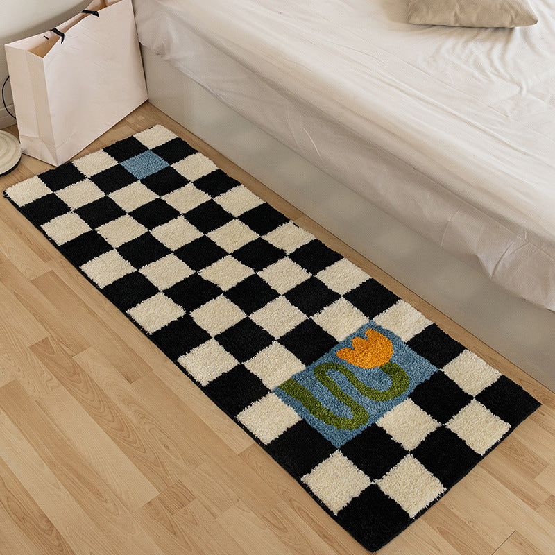 Modern Bedroom Area Carpet Black Plaid Pattern Area Rug Stain Resistant Area Rug