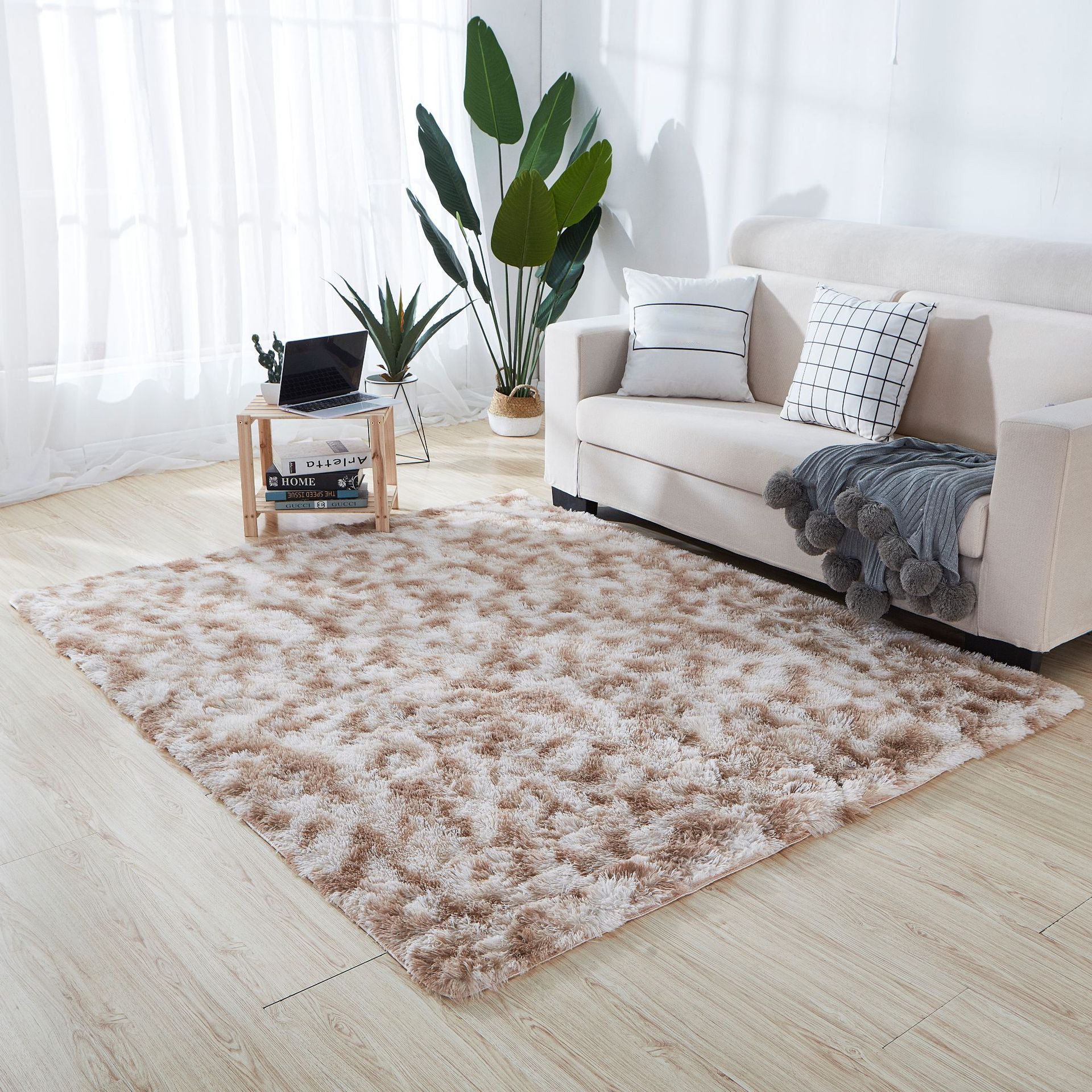 Minimalist Living Room Rug Simple Tie Dye Print Carpet Polyester Shag Rug with Non-Slip Backing
