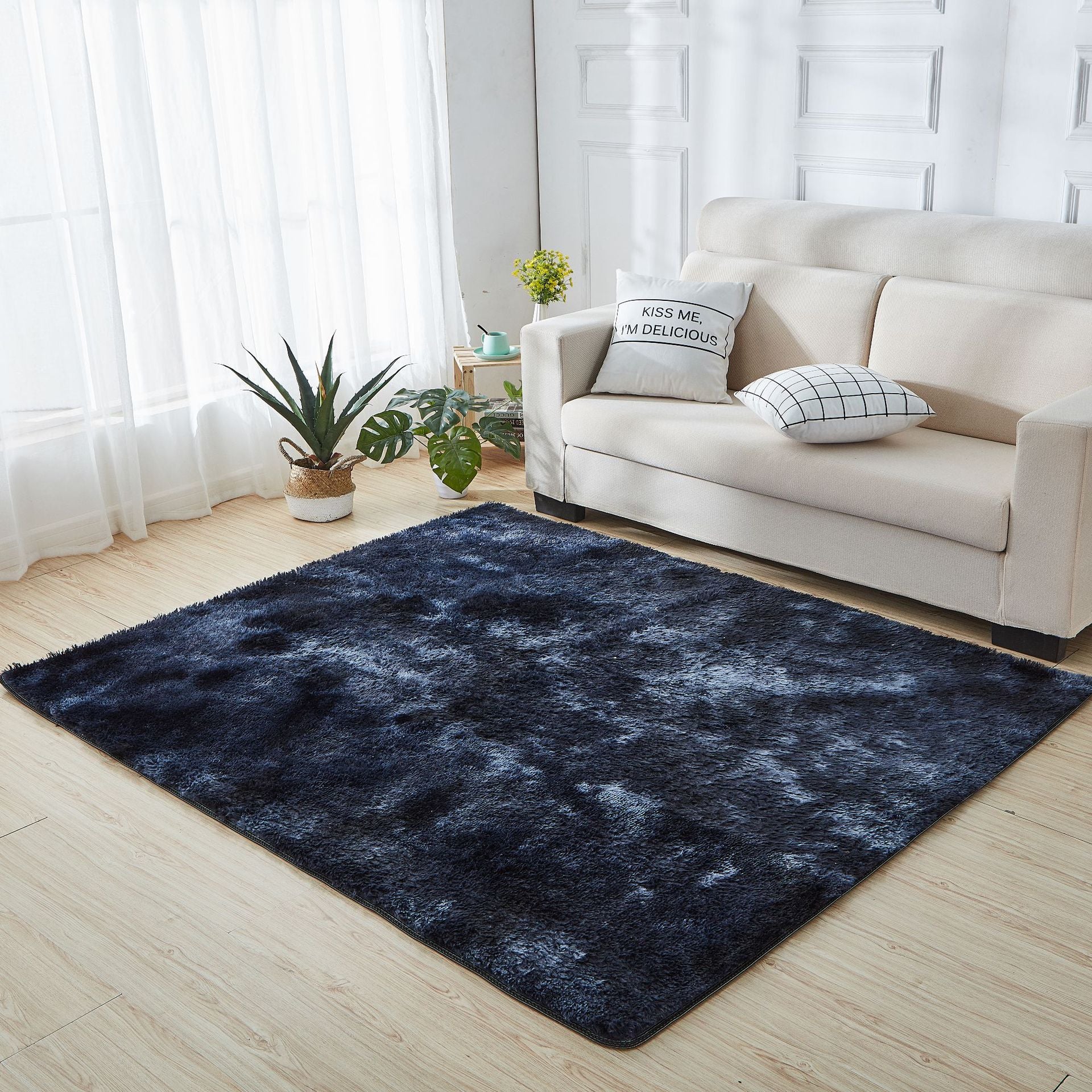Minimalist Living Room Rug Simple Tie Dye Print Carpet Polyester Shag Rug with Non-Slip Backing