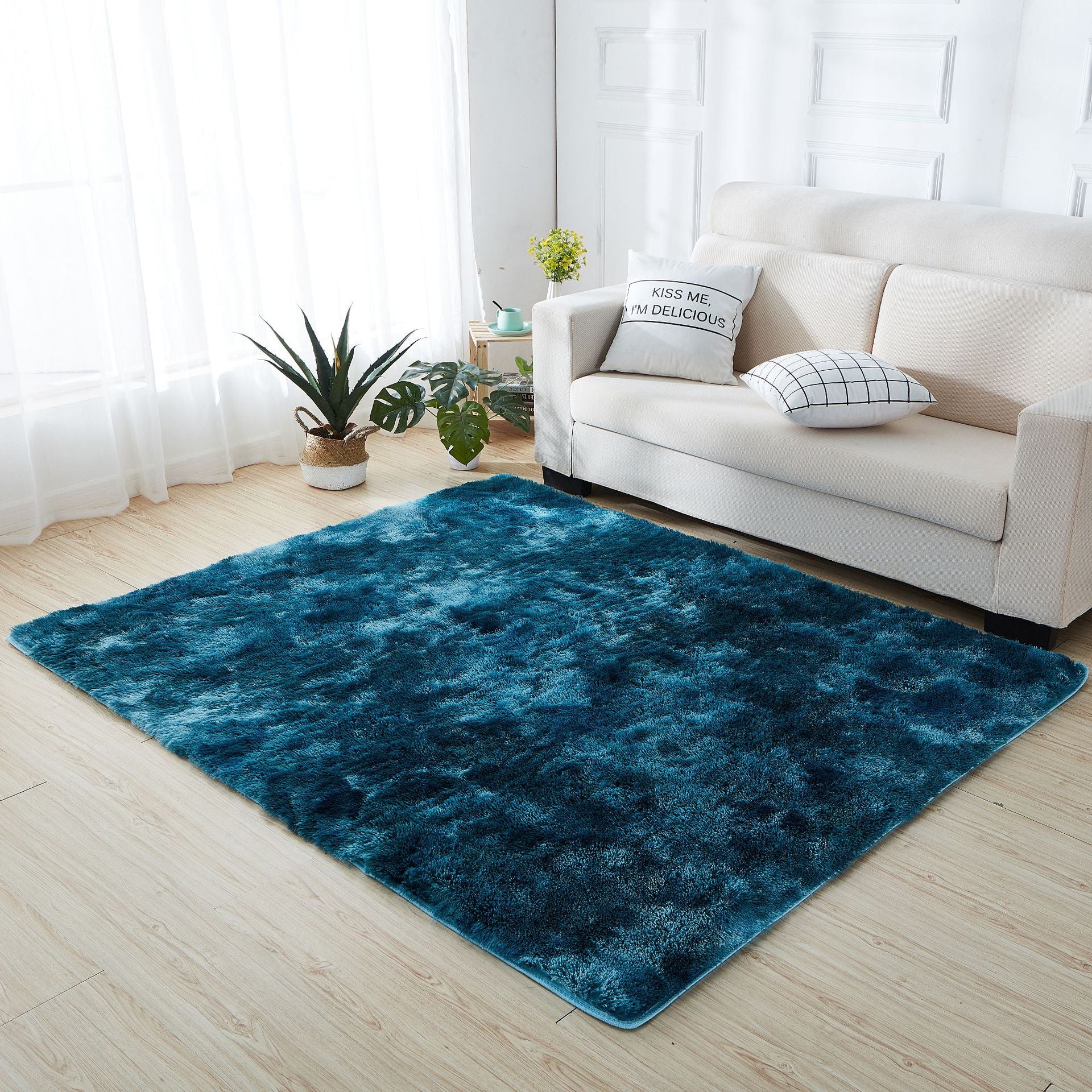 Minimalist Living Room Rug Simple Tie Dye Print Carpet Polyester Shag Rug with Non-Slip Backing