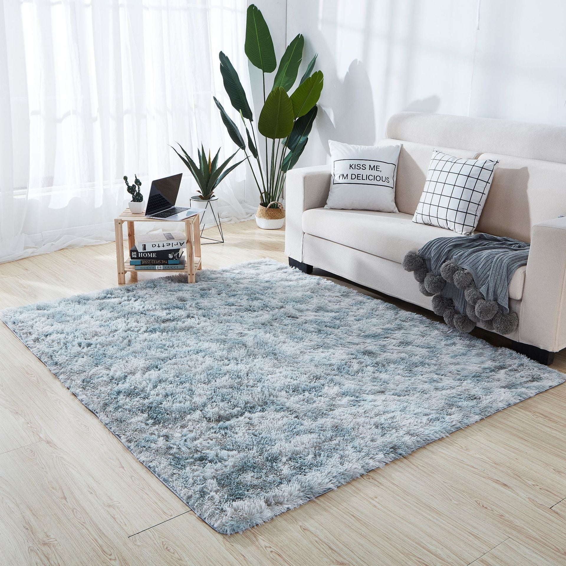 Minimalist Living Room Rug Simple Tie Dye Print Carpet Polyester Shag Rug with Non-Slip Backing
