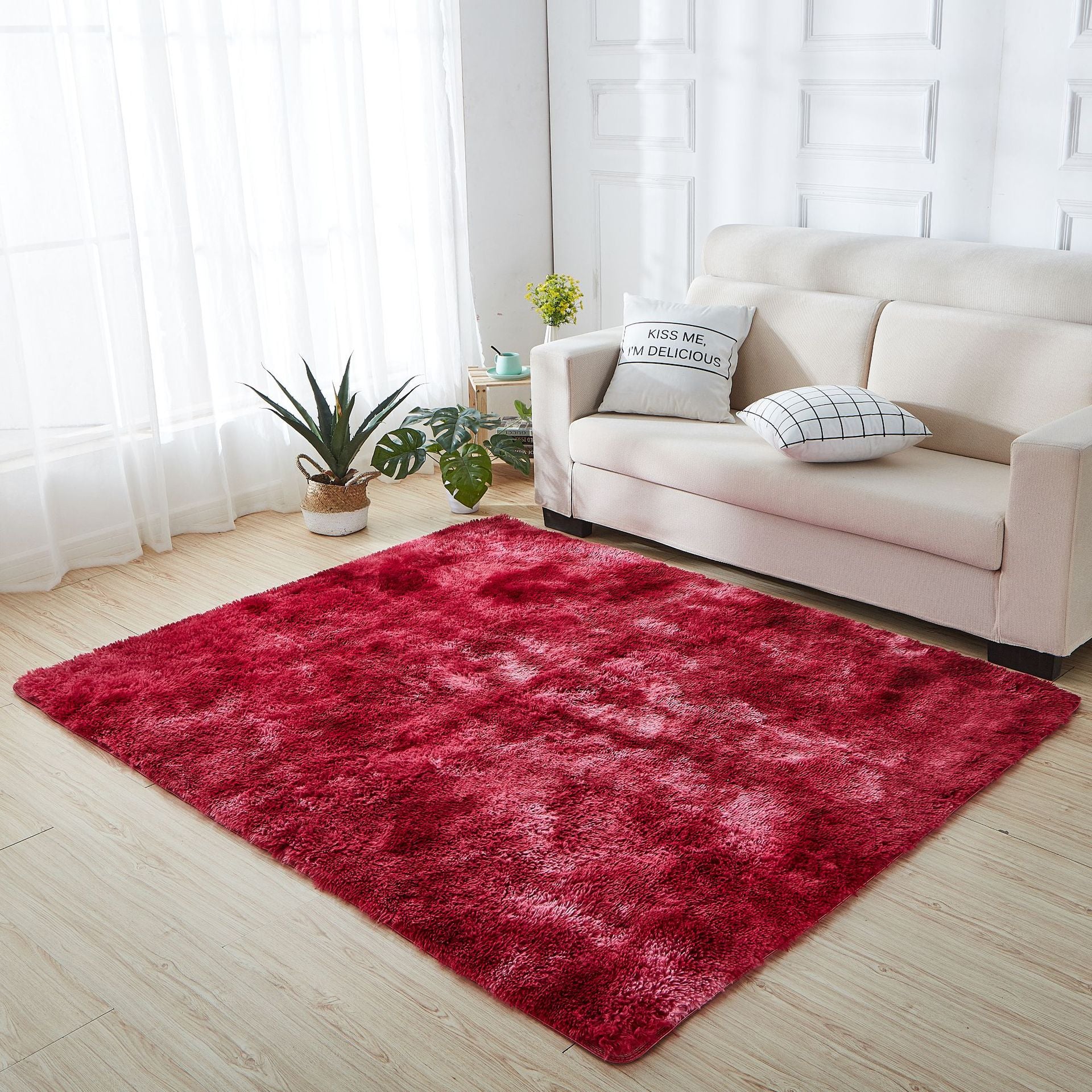 Minimalist Living Room Rug Simple Tie Dye Print Carpet Polyester Shag Rug with Non-Slip Backing