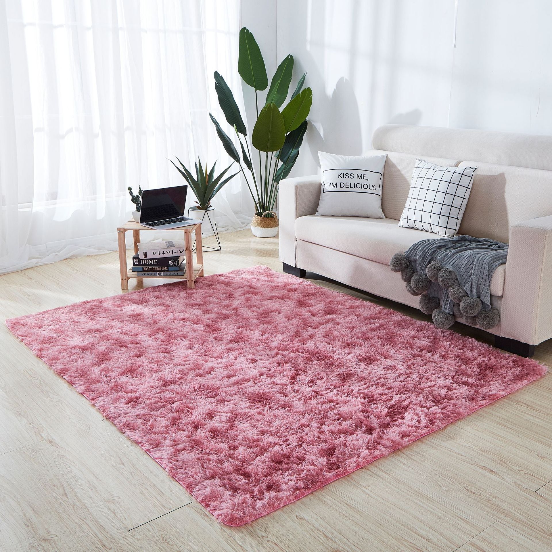 Minimalist Living Room Rug Simple Tie Dye Print Carpet Polyester Shag Rug with Non-Slip Backing
