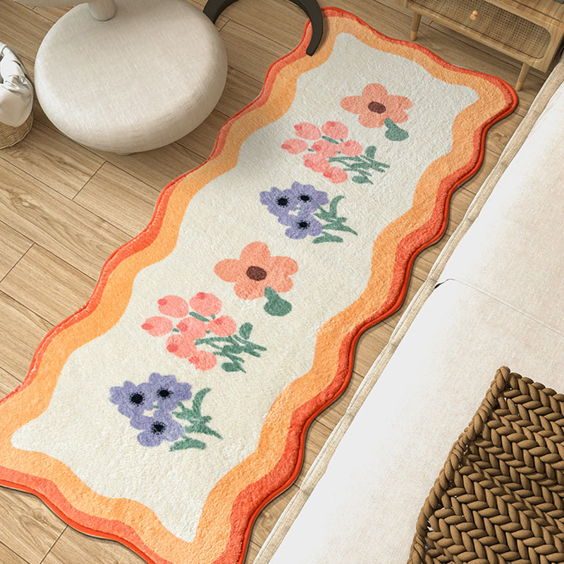 Orange Modern Carpet Flower Pattern Polyester Area Rug Non-Slip Backing Rug for Bedroom