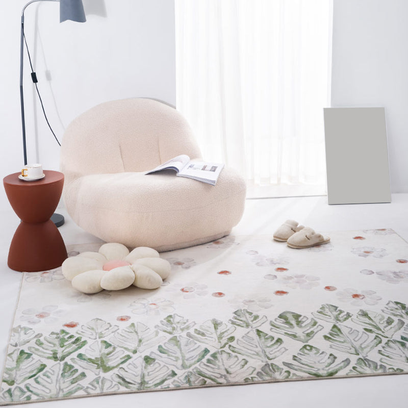 White Floral Print Area Rug Modern Polyester Area Carpet Non-Slip Backing Rug for Living Room