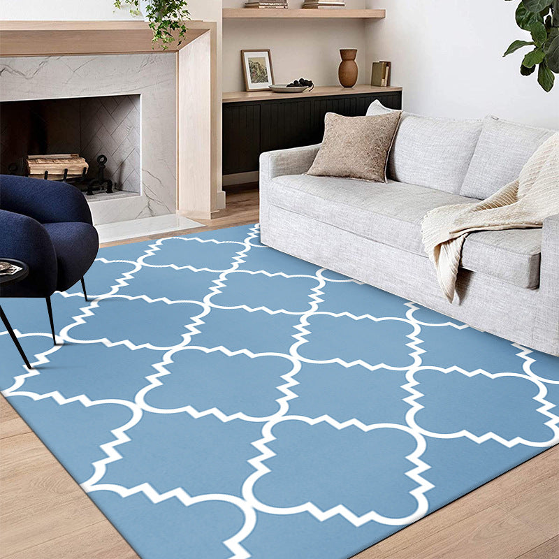Blue Modern Rug Polyester Geometric Print Area Rug Easy Care Anti-Slip Rug for Drawing Room