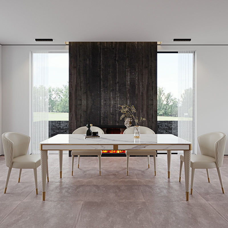 Mesa de comedor medieval moderna de lujo con tapa de piedra sinterizada, mesa rectangular en blanco con 4 patas