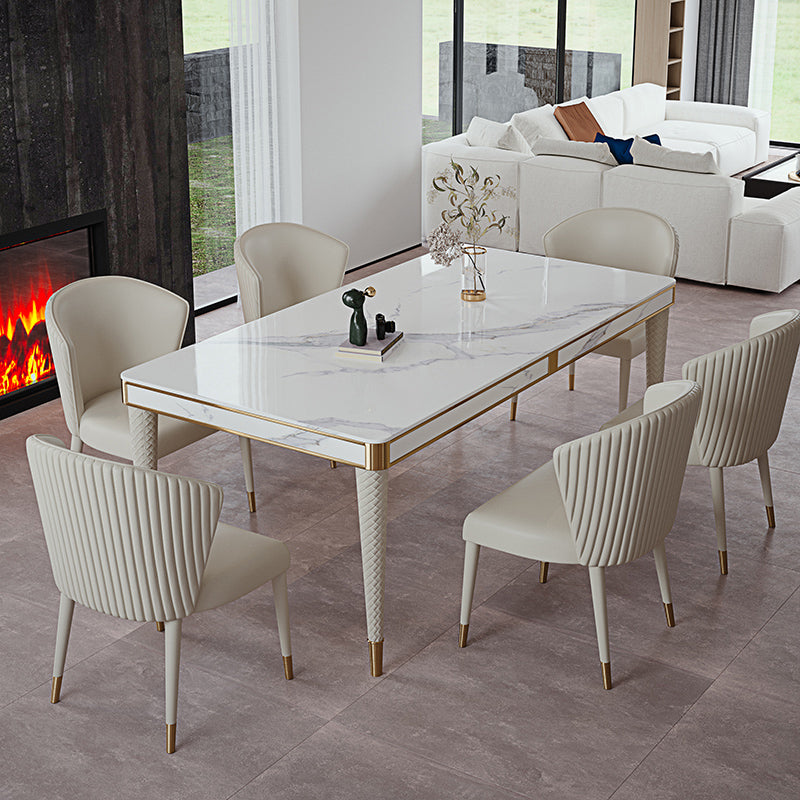 Mesa de comedor medieval moderna de lujo con tapa de piedra sinterizada, mesa rectangular en blanco con 4 patas