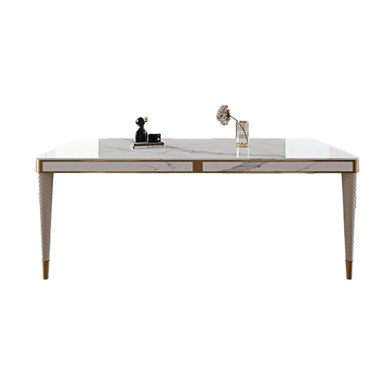 Mesa de comedor medieval moderna de lujo con tapa de piedra sinterizada, mesa rectangular en blanco con 4 patas