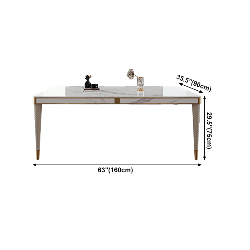 Mesa de comedor medieval moderna de lujo con tapa de piedra sinterizada, mesa rectangular en blanco con 4 patas