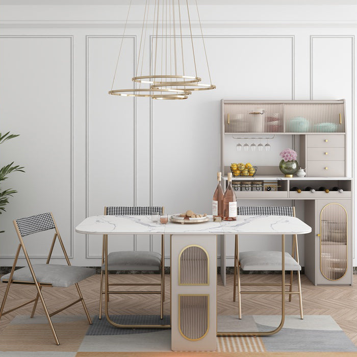 Mesa de comedor rectangular de estilo moderno Mesa de comedor de hojas abatibles de piedra sinterizada blanca de 62,3"