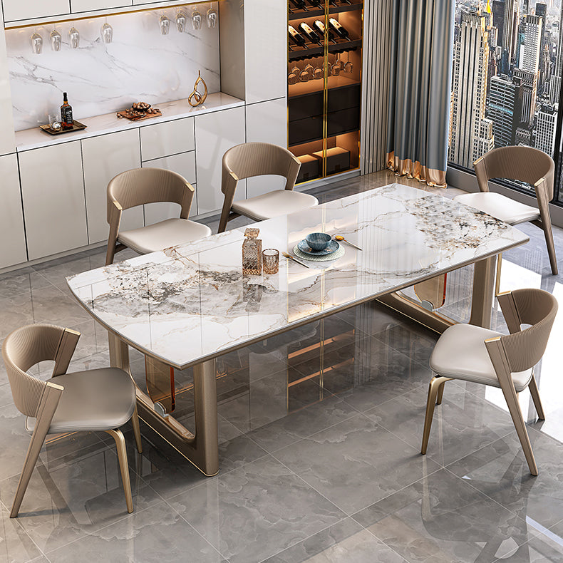 Mesa de comedor de lujo con tapa de piedra sinterizada, mesa rectangular con pedestal doble dorado