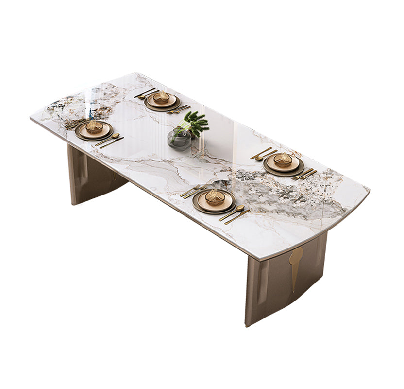 Mesa de comedor de lujo con tapa de piedra sinterizada, mesa rectangular con pedestal doble dorado