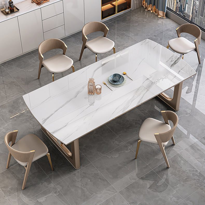 Mesa de comedor de lujo con tapa de piedra sinterizada, mesa rectangular con pedestal doble dorado