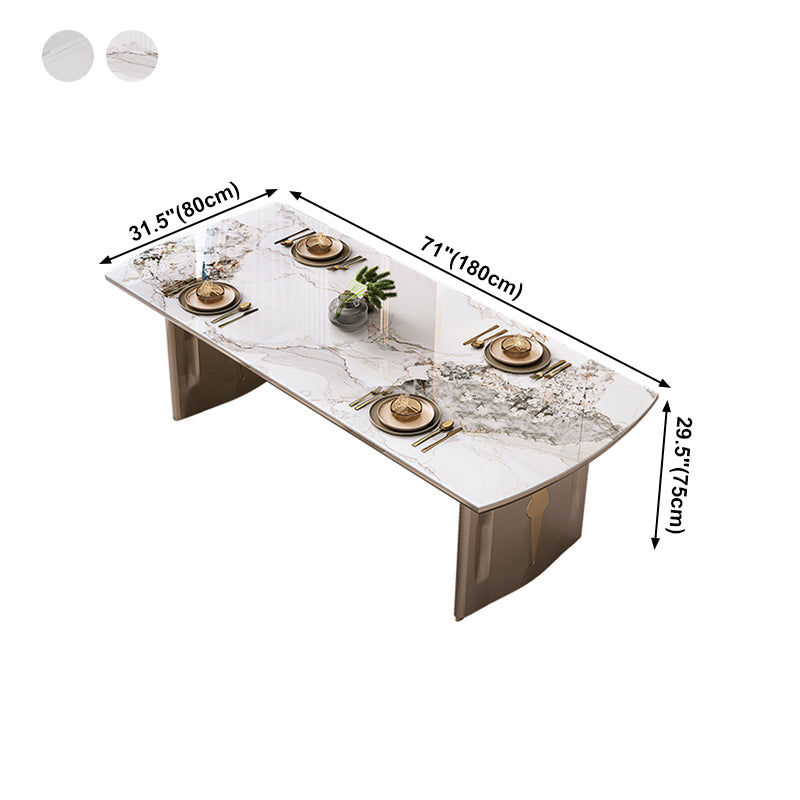 Mesa de comedor de lujo con tapa de piedra sinterizada, mesa rectangular con pedestal doble dorado