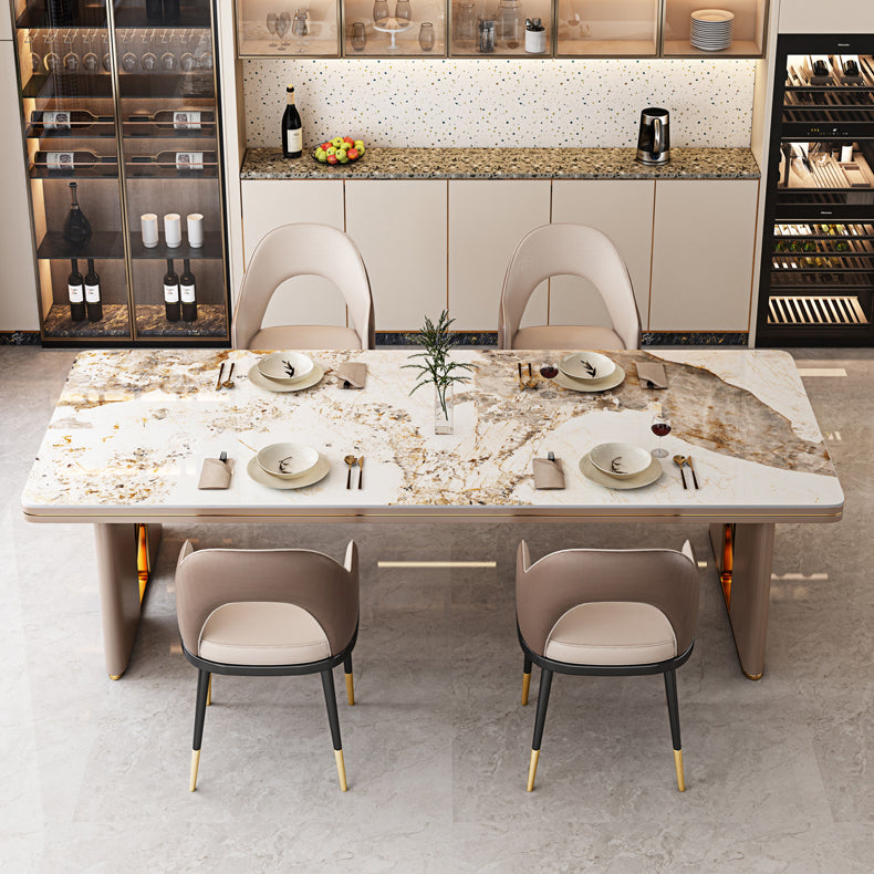 Luxury Sintered Stone Top Dining Table in White Rectangle Table with Double Pedestal