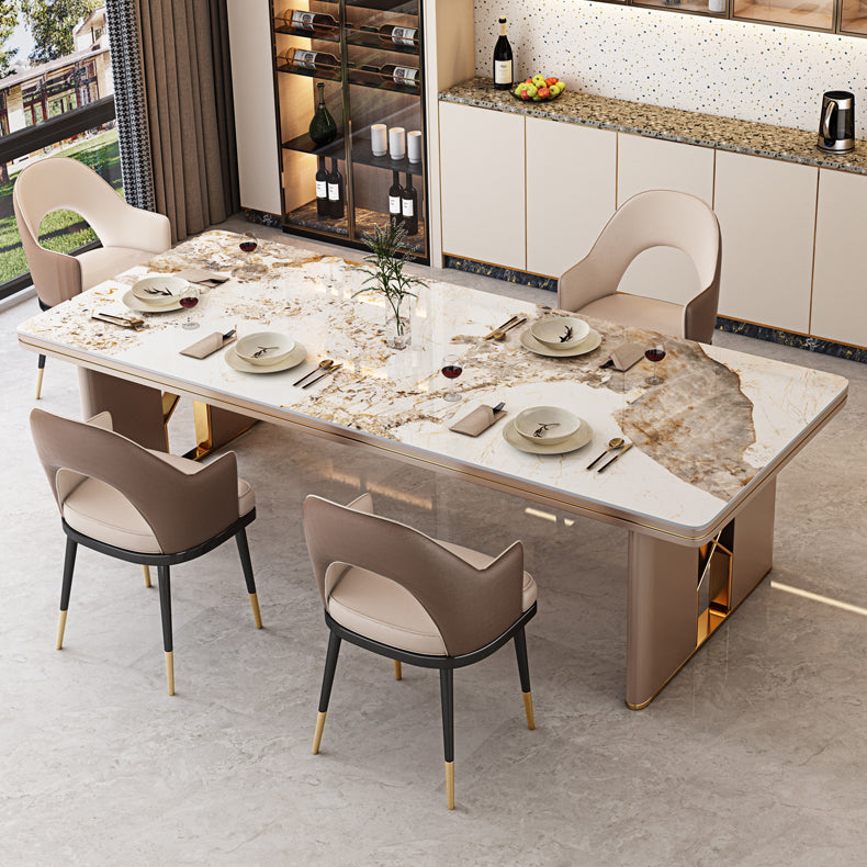 Luxury Sintered Stone Top Dining Table in White Rectangle Table with Double Pedestal