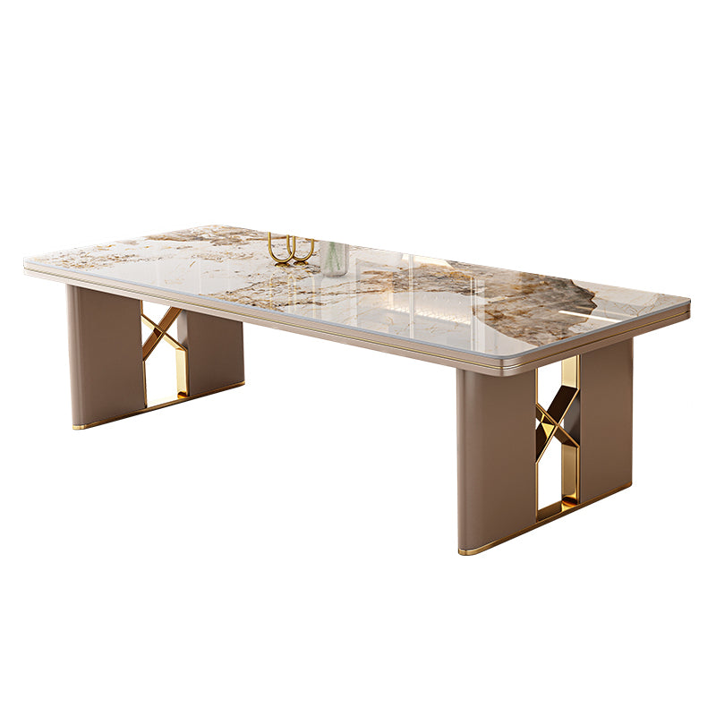 Luxury Sintered Stone Top Dining Table in White Rectangle Table with Double Pedestal