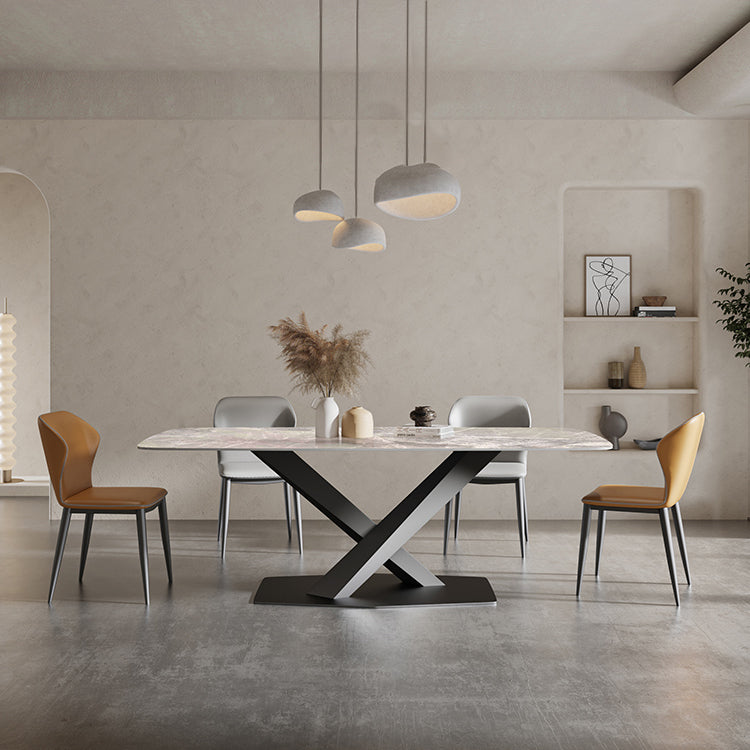 Rechthoek traditionele luxe eettafel gesinterde stenen tafel met zwarte voetstukbasis
