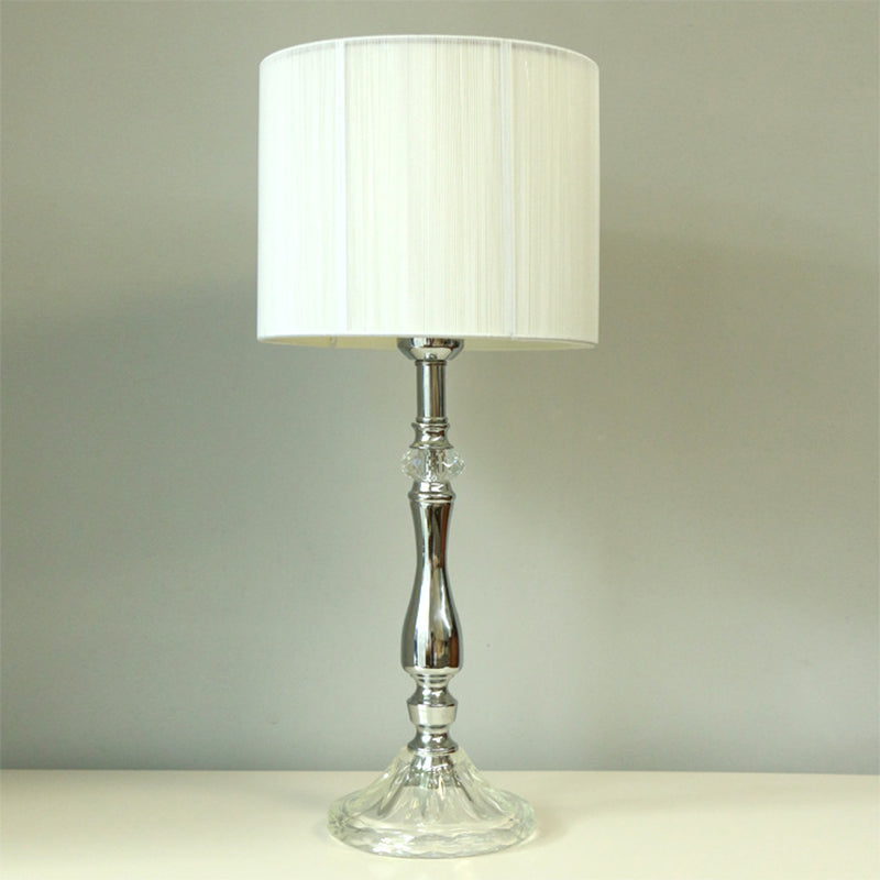 Modernist 1-Head Table Light White Drum Crystal Nightstand Lamp with Fabric Shade