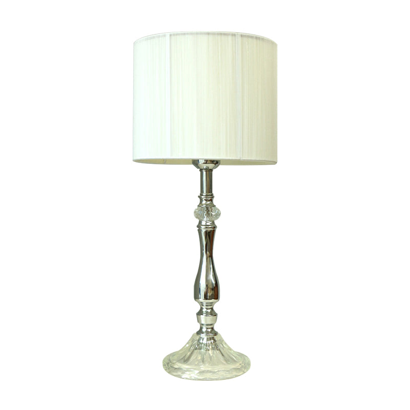 Modernist 1-Head Table Light White Drum Crystal Nightstand Lamp with Fabric Shade