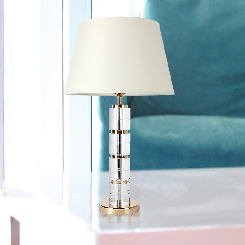 Simple 1-Bulb Table Light White Column Night Lamp with Clear K9 Crystal for Living Room