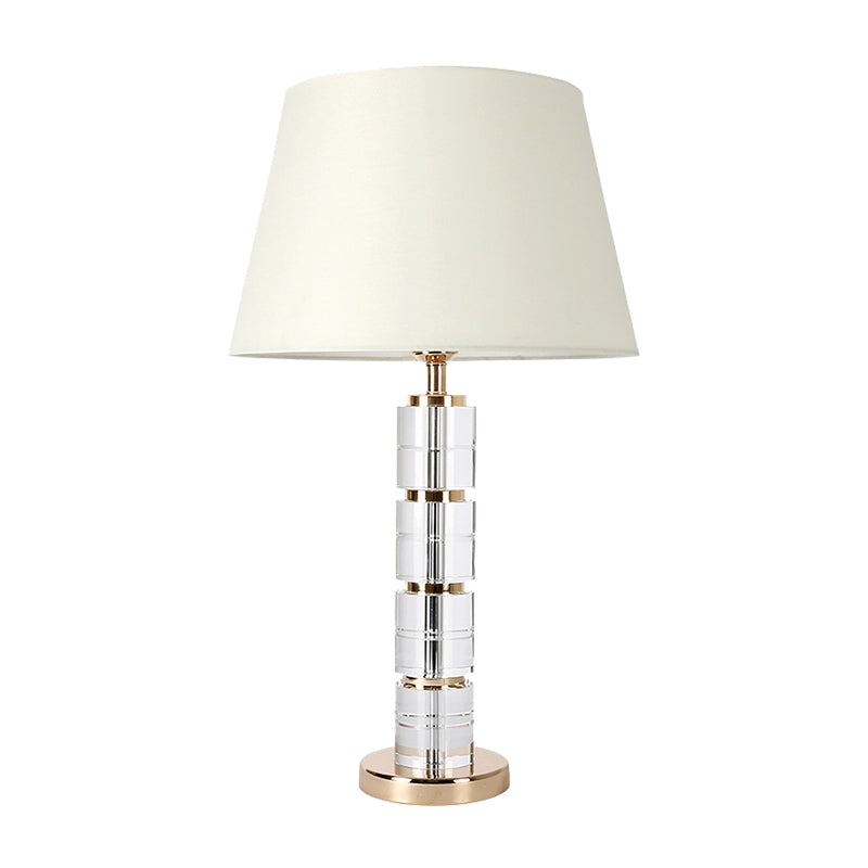 Simple 1-Bulb Table Light White Column Night Lamp with Clear K9 Crystal for Living Room