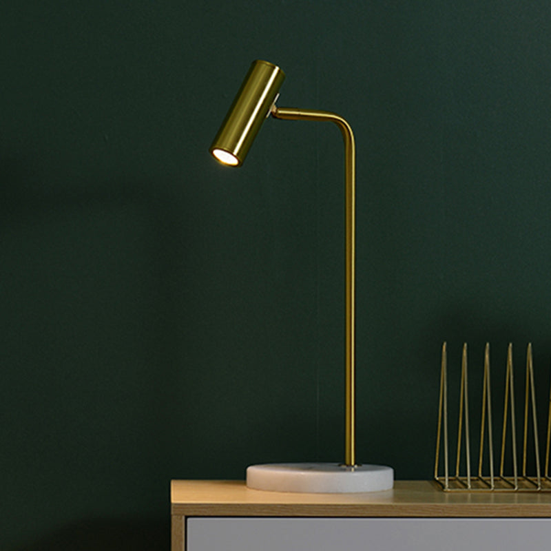 Metal Tubular Night Table Lighting Post-Modern 1 Bulb Gold Nightstand Lamp with Angled Arm for Study Room