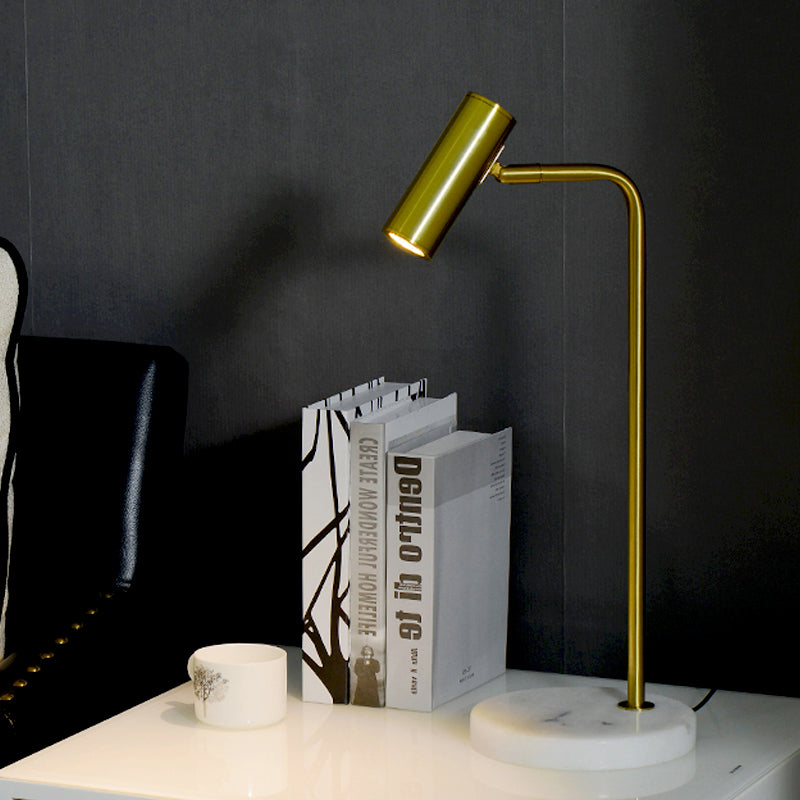 Metal Tubular Night Table Lighting Post-Modern 1 Bulb Gold Nightstand Lamp with Angled Arm for Study Room