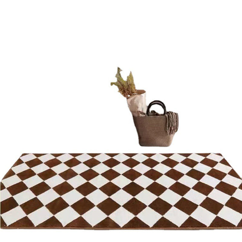 Brown Minimalist Rug Polyester Grid Rug Stain Resistant Rug for Home Decor