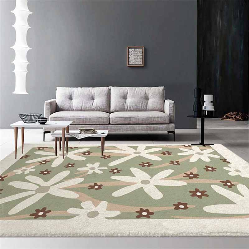 Modern Flower Pattern Carpet Green Polyester Area Rug Non-Slip Backing Area Rug for Home Decor