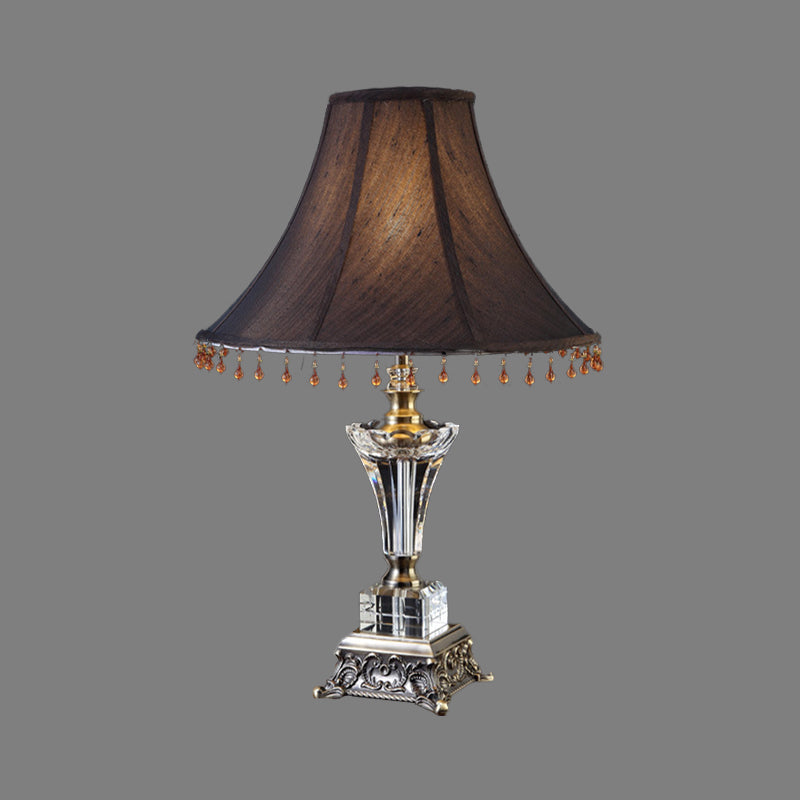 Lampe de travail à cloche noire Lampe de table moderne en tissu à 1 ampoule avec base en métal bronze sculpté