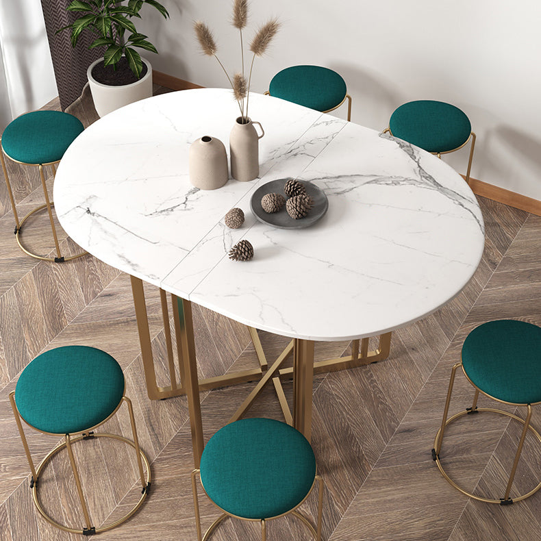 Foldable Artificial Wooden Top Table Extendable Round Kitchen Table with Trestle Base